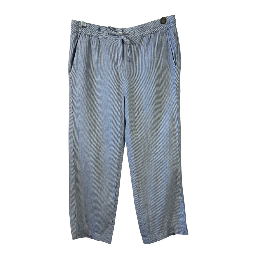 Talbots Linen Blend Blue‎ White Striped Elastic Waist Straight Leg Pants 10